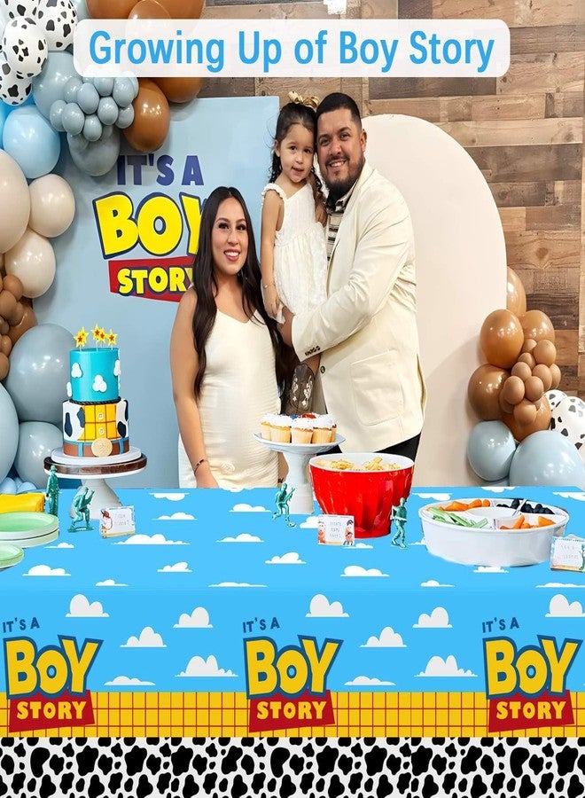 هيبولاند مفرش طاولة من البلاستيك مستطيل الشكل بتصميم "It's A Boy Story" لحفل استقبال المولود الجديد، مكون من 3 قطع، مطبوع عليه صورة بقرة وسماء زرقاء وسحابة بيضاء، مقاس 54 × 108 بوصة - Image 3