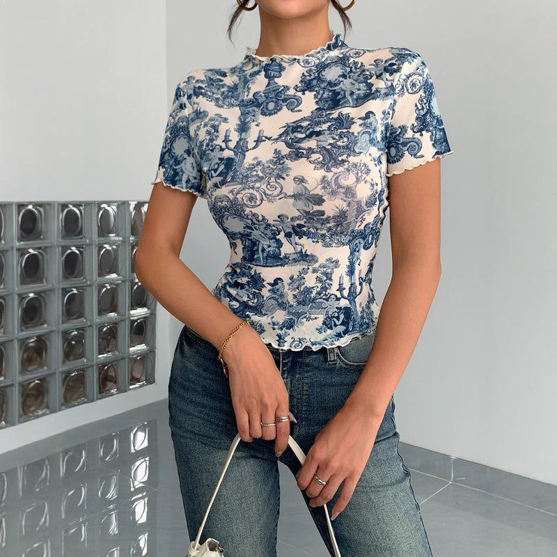 Elegant Mesh Print Ruffle Short Sleeve T-Shirt Top - Image 2