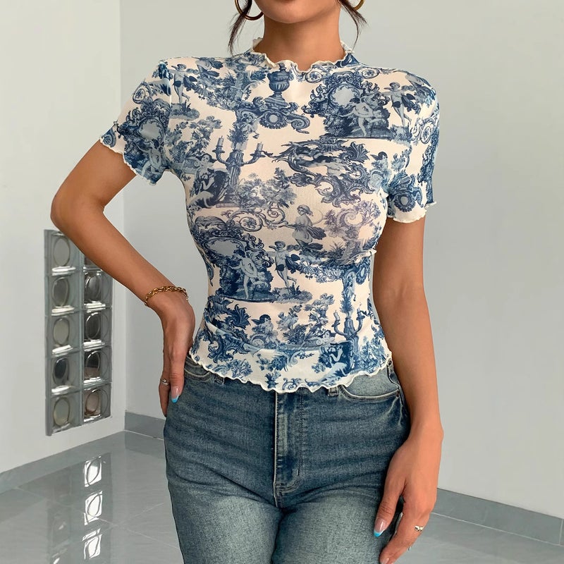 Elegant Mesh Print Ruffle Short Sleeve T-Shirt Top - Image 1
