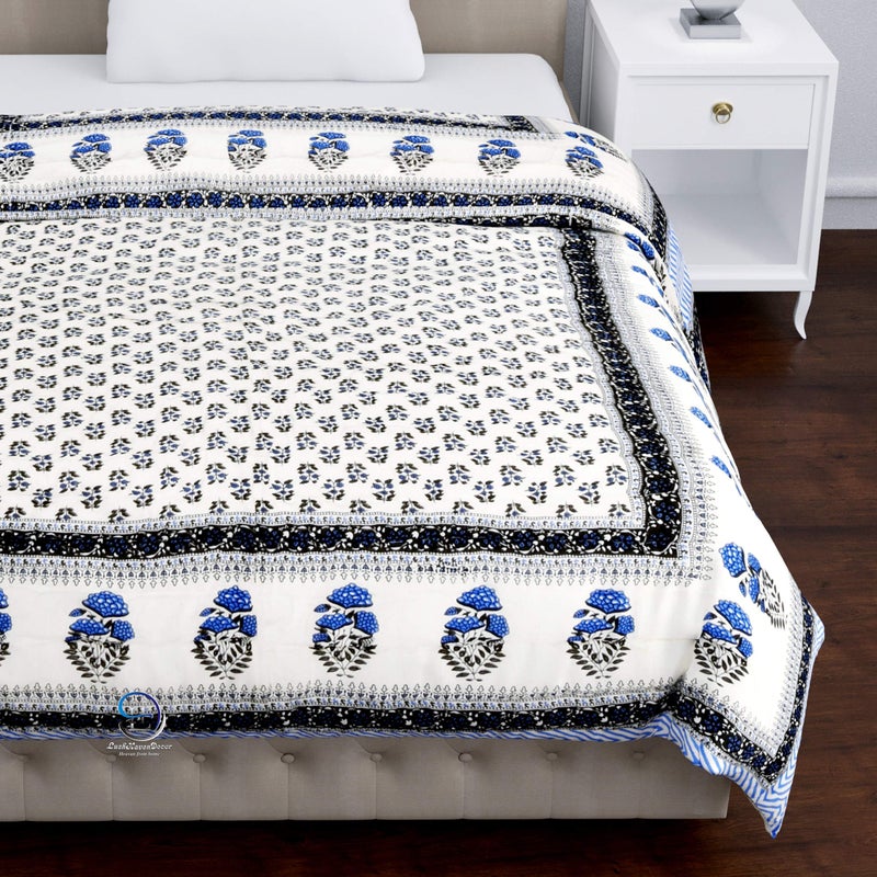 THROWS HOME DECOR ديكور المنزل من الأغطية 400 TC لحاف سرير مفرد راجاي جايبوري من القطن العضوي النقي لحاف جايبوري لجميع الفصول خفيف الوزن من القطن الراجستاني 55 × 85 بوصة (أزرق) عبوة من 1 - Image 3