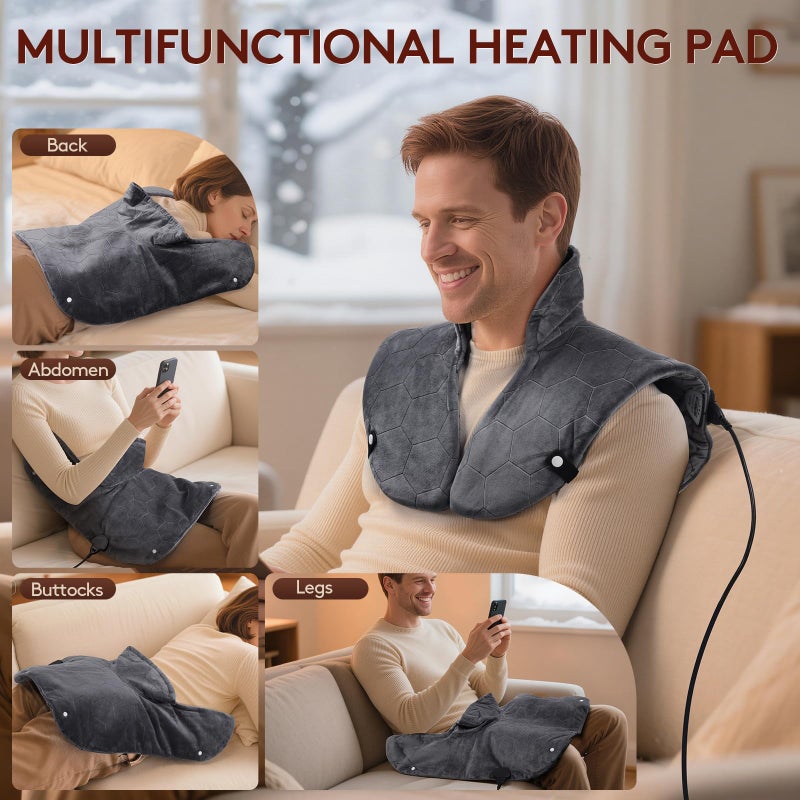 Nalax Far Infrared Heating Pad for Neck and Shoulders and Back - 6X Deeper Pain Relief, Graphene 30s Fast Heat, 8 Heat Setting, 16 Timer, Automatic Memory, Weighted Heating Pads Gift for Women&Men (Grey) - Image 5