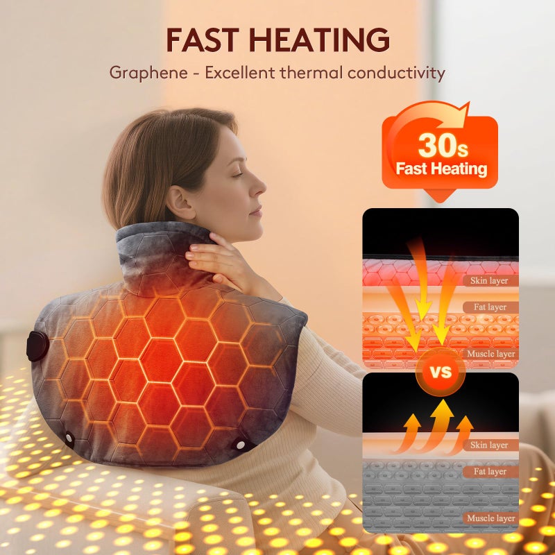 Nalax Far Infrared Heating Pad for Neck and Shoulders and Back - 6X Deeper Pain Relief, Graphene 30s Fast Heat, 8 Heat Setting, 16 Timer, Automatic Memory, Weighted Heating Pads Gift for Women&Men (Grey) - Image 3