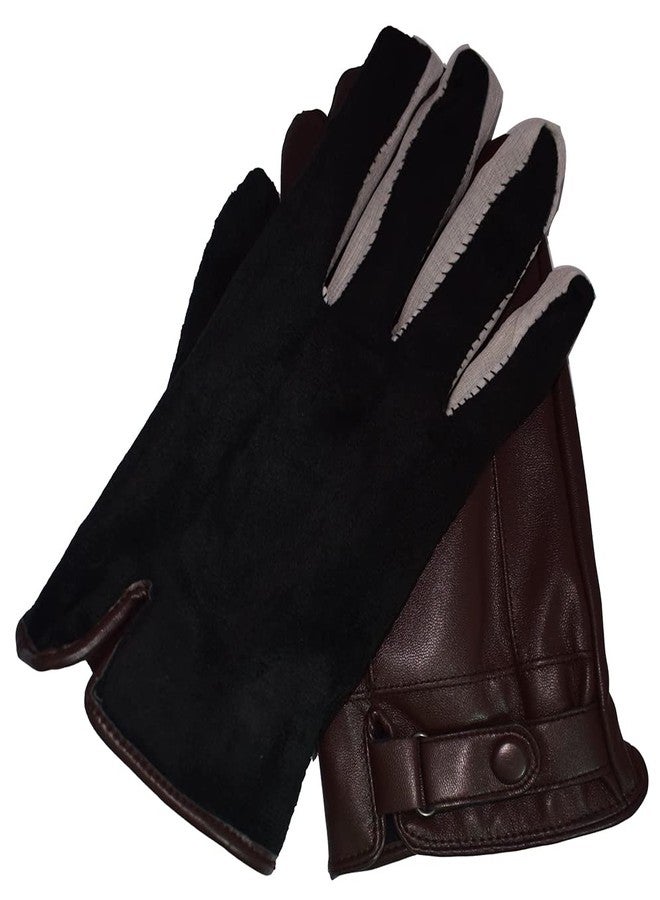 AZYOUNG Men’s Winter Autumn Black Brown Smooth PU Leather Plus Thick Velvet Touch Screen Gloves, Brown, One size - Image 5