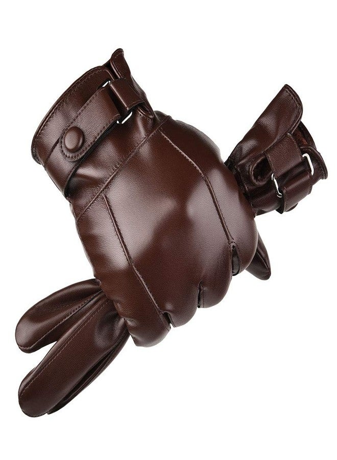 AZYOUNG Men’s Winter Autumn Black Brown Smooth PU Leather Plus Thick Velvet Touch Screen Gloves, Brown, One size - Image 1