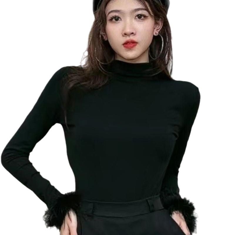 German Velvet Slim-Fit Stitching High Collar Western Style 2024 Base New Design Cuff Fluffy Long Sleeve White Top - Image 5