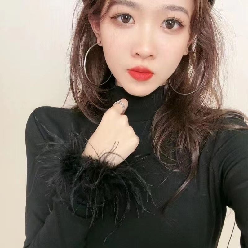 German Velvet Slim-Fit Stitching High Collar Western Style 2024 Base New Design Cuff Fluffy Long Sleeve White Top - Image 4