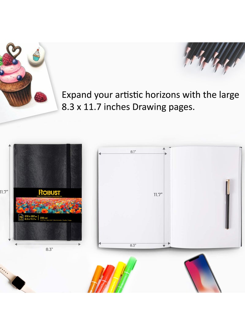 ROBUST Robust A4 (8.5"x11.7") Sketchbook Marker Paper Pad, 70 Sheets 230gsm Acid Free Art paper Sketch Pad, Signature Hardbound Notebook, for Dry and Wet Media, Artist Sketch Book, Elastic Closure Art Book  - Image 5