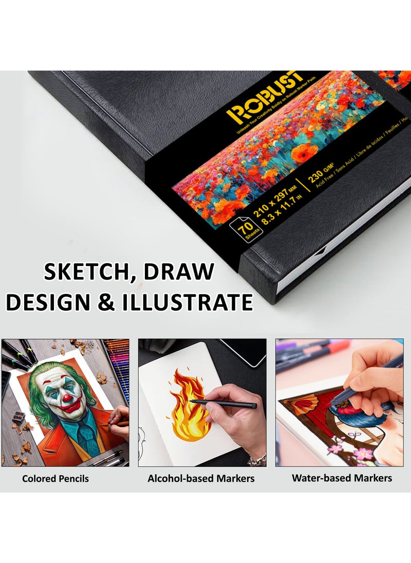 روبوست - دفتر رسم Robust A4 (8.5" × 11.7") مع ورق ماركر، 70 ورقة 230gsm خالية من الأحماض، دفتر ملاحظات بغلاف صلب، مناسب للوسائط الجافة والرطبة، دفتر فني مع إغلاق مرن - Image 1
