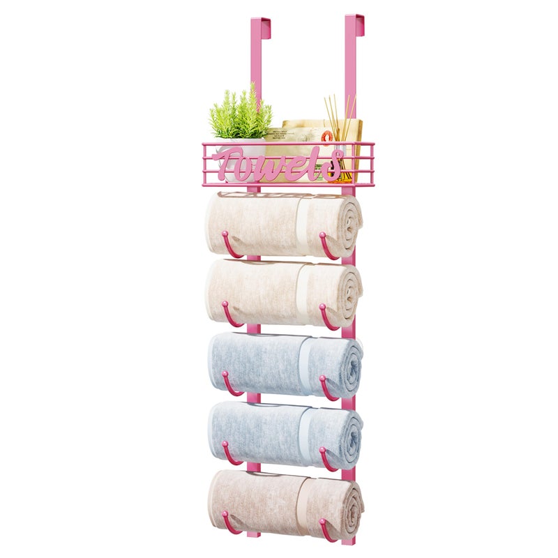 HapiRm Towel Racks for Bathroom Storage 6 Tier Over The Door Wall Mount Rolled Towel Storage Organizer Holder with Metal Shelf Basket for Small Bathroom Camper Rv Pink Patented - Image 2