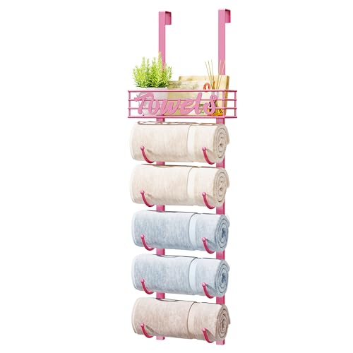 HapiRm Towel Racks for Bathroom Storage 6 Tier Over The Door Wall Mount Rolled Towel Storage Organizer Holder with Metal Shelf Basket for Small Bathroom Camper Rv Pink Patented - Image 1