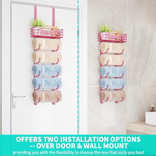 HapiRm Towel Racks for Bathroom Storage 6 Tier Over The Door Wall Mount Rolled Towel Storage Organizer Holder with Metal Shelf Basket for Small Bathroom Camper Rv Pink Patented - Image 3