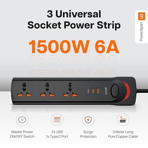 Geonix PowerSpan U3 | Extension Board/Strip, 1500 Watts, 6 Amps, 1x Type C Port, 3X Universal Socket, 2X USB Port, LED Indicator, On/Off Switch, Wall Mountable, 3mtr Long Pure Copper Cable (Black) - Image 2