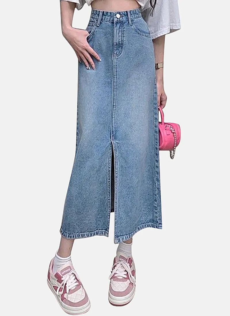 YUNIQEE Blue Slit Solid Midi Skirt