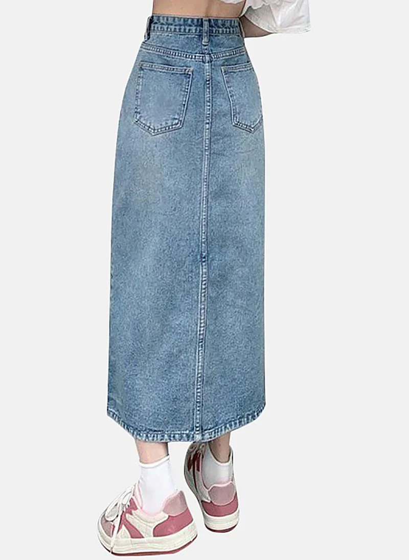 YUNIQEE Blue Slit Solid Midi Skirt