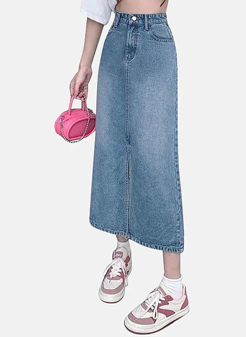 YUNIQEE Blue Slit Solid Midi Skirt