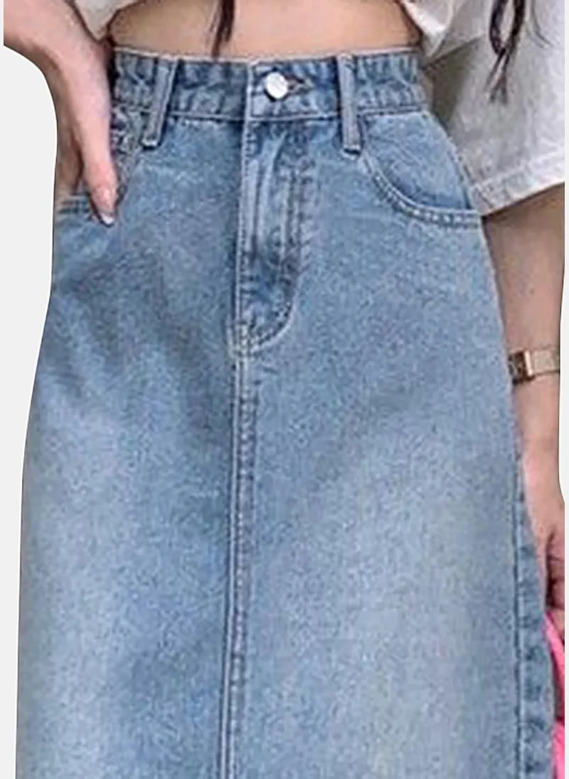 YUNIQEE Blue Slit Solid Midi Skirt