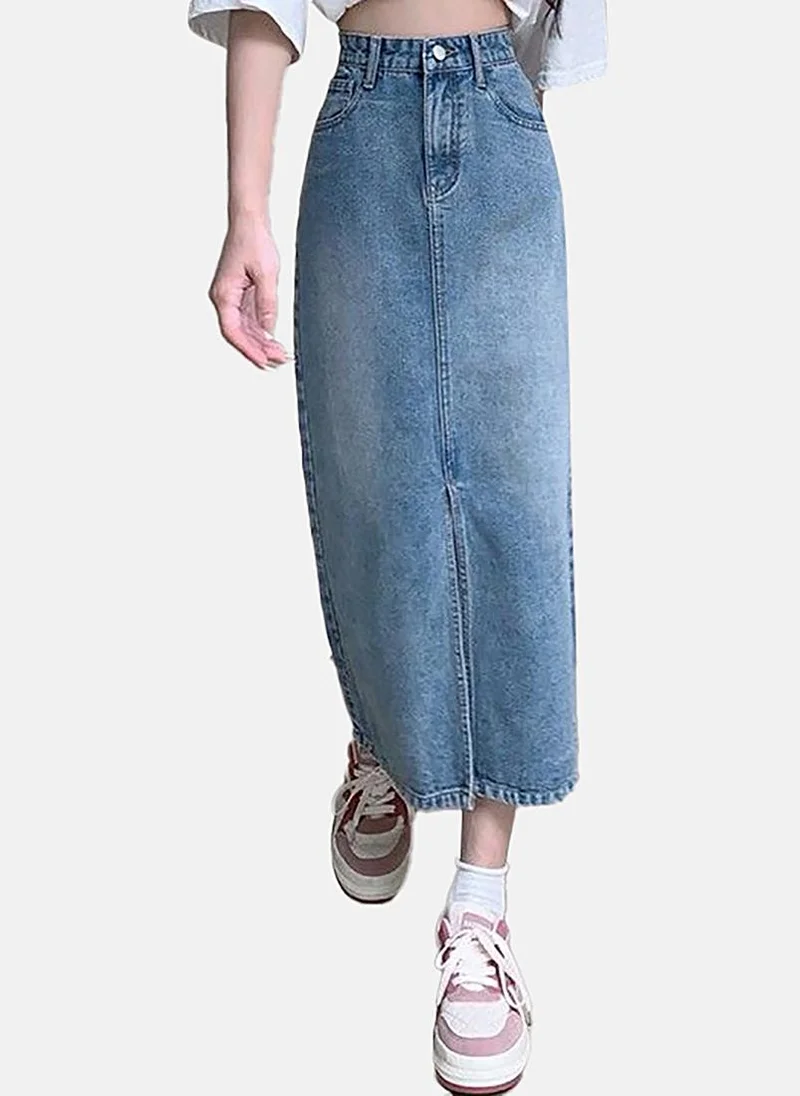 YUNIQEE Blue Slit Solid Midi Skirt