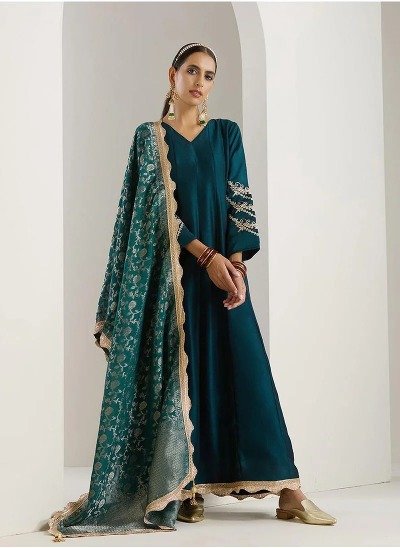 آي شين Women's Green Polyester Blend Embellished Midi Kaftan Straight Fit Dress