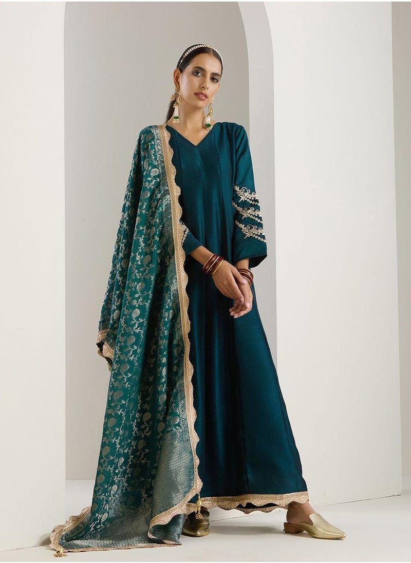 ISHIN Women's Green Polyester Blend Embellished Midi Kaftan Straight Fit Dress  - Image 1