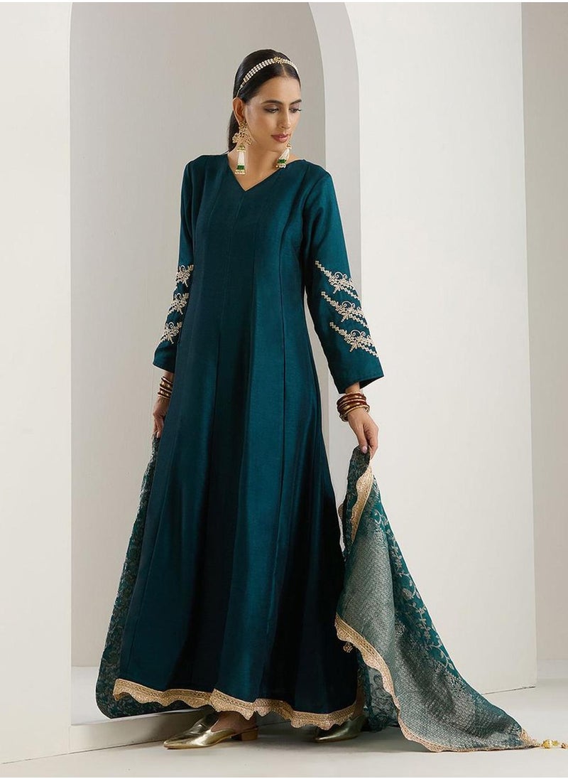 ISHIN Women's Green Polyester Blend Embellished Midi Kaftan Straight Fit Dress  - Image 5