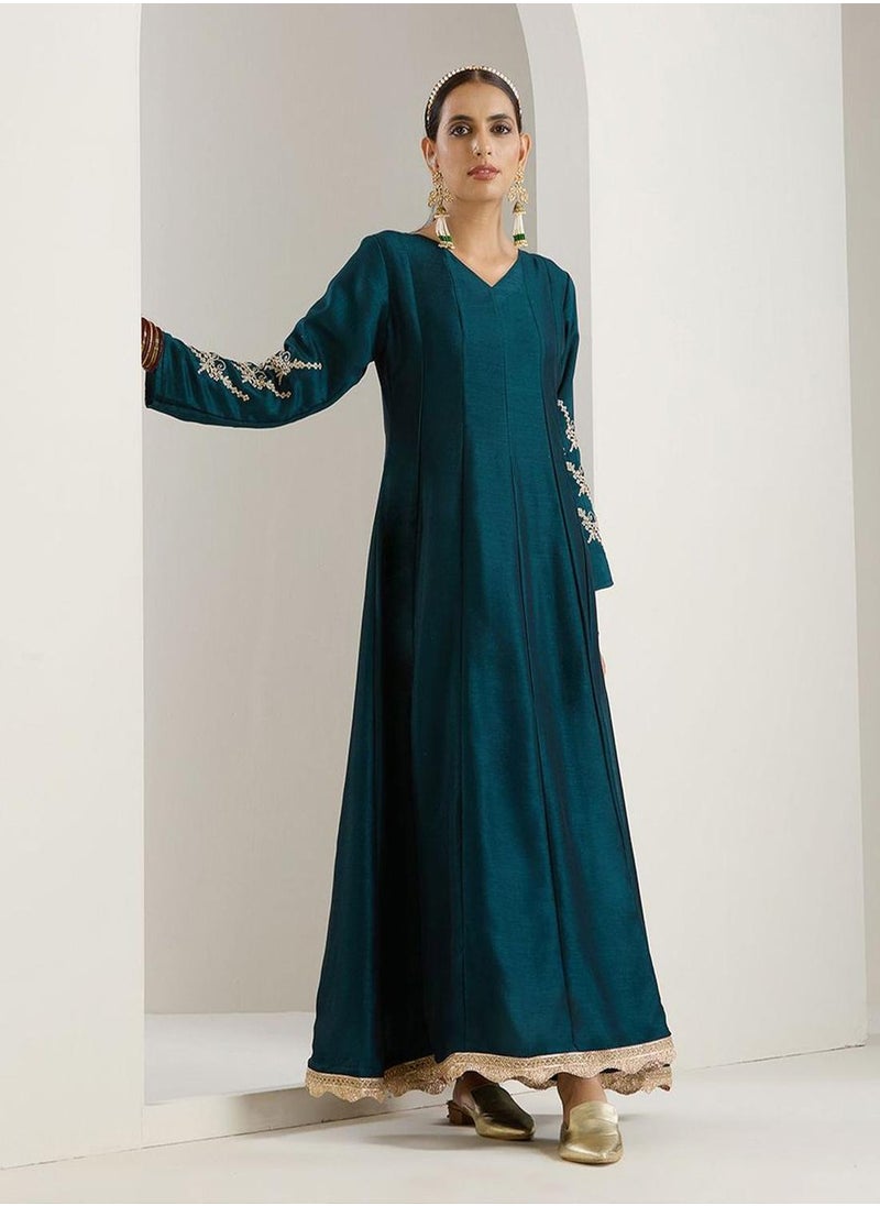 ISHIN Women's Green Polyester Blend Embellished Midi Kaftan Straight Fit Dress  - Image 3