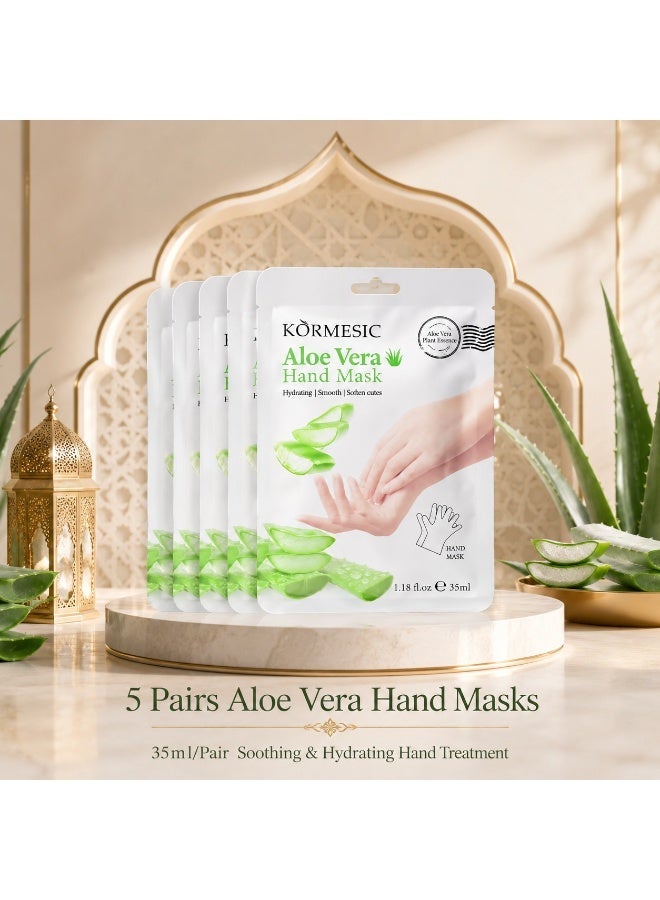 Kormesic 5 Pairs Aloe Vera Hand Masks, 35ml per Pair, Soothing and Hydrating Hand Care Gloves for Dry and Rough Hands - Image 1
