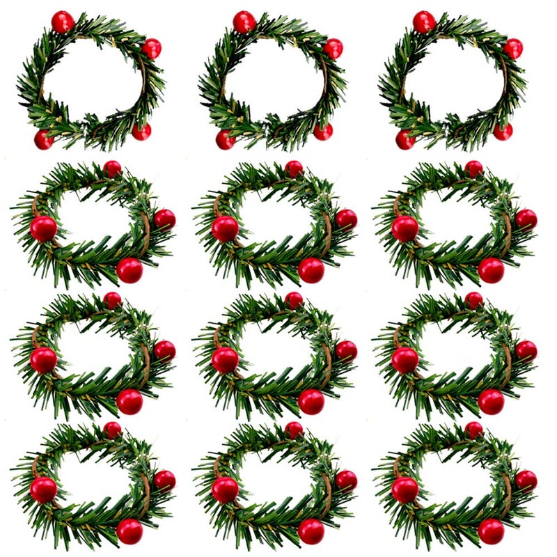 Saktopdeco Christmas Napkin Rings Christmas Napkin Holder Holly Berry Candle Wreath for Banquet Table Decorations Set of 12