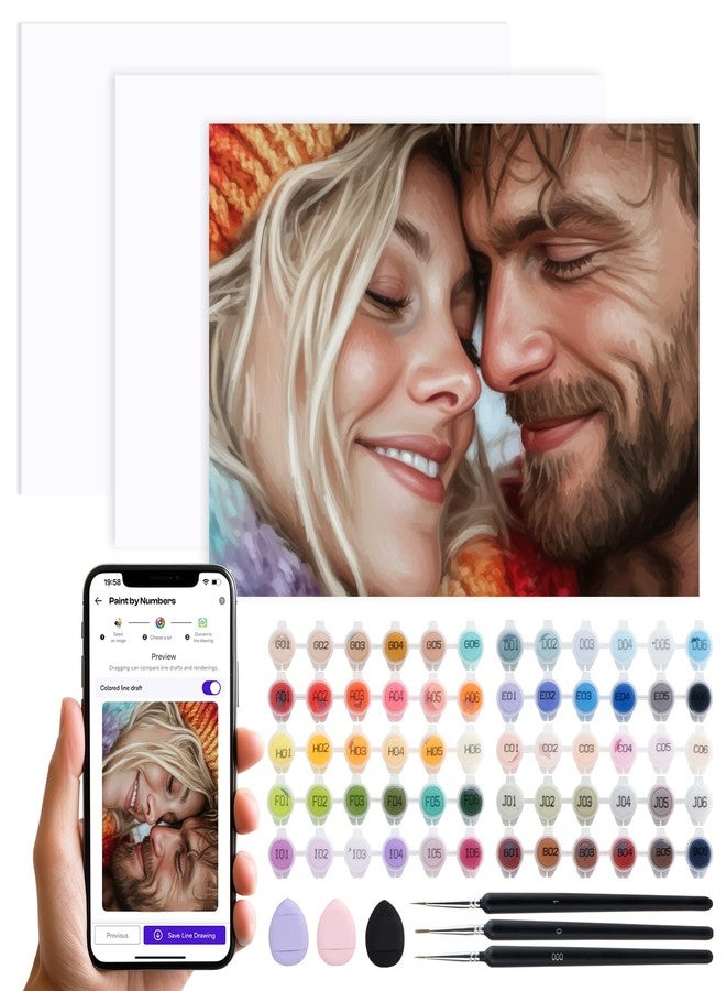 Caydo Paint by Numbers Kit for Adults with Custom Design App, Convert Any Photo to Ready-to-Paint Templates in 5 Minutes, Includes 3 A4 Blank Canvases & 60-Color Acrylic Paint Set (No Frame) - Image 1