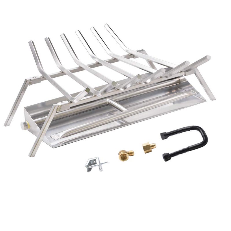 Skyflame Skyflame 24inch Fireplace Log Grate with Dual Burner Pan and Connection Kit for Natural Gas 304 Stainless Steel 