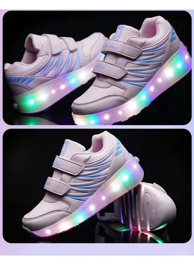 أحذية التزلج على العجلات المزدوجة للأطفال، أحذية رياضية قابلة للتعديل مع إضاءة LED، أحذية تزلج لامعة رائعة، أحذية مريحة متألقة مع عجلات قابلة للفصل، هدية مثالية للأطفال باللون الوردي - Image 2