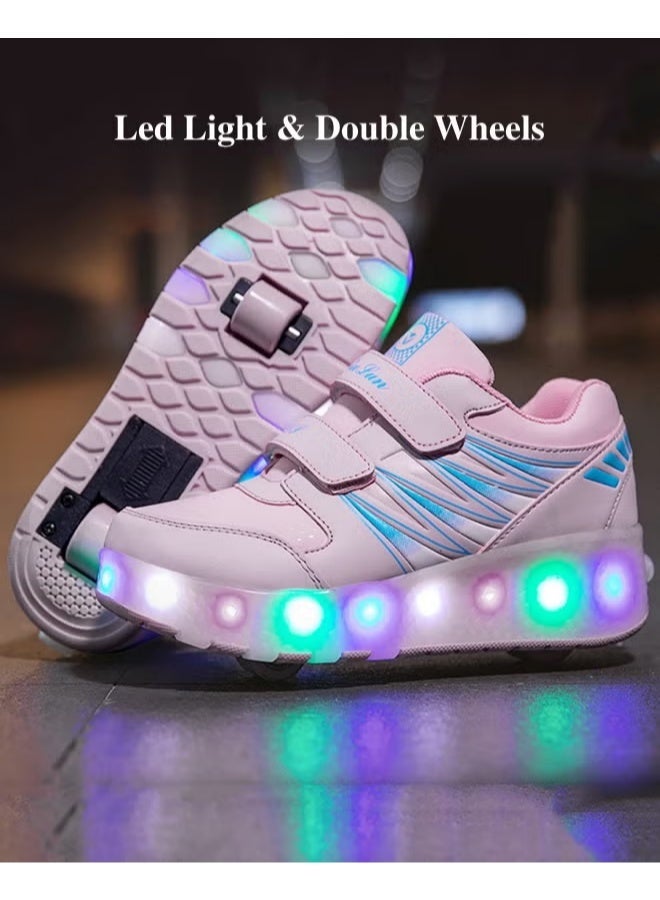 أحذية التزلج على العجلات المزدوجة للأطفال، أحذية رياضية قابلة للتعديل مع إضاءة LED، أحذية تزلج لامعة رائعة، أحذية مريحة متألقة مع عجلات قابلة للفصل، هدية مثالية للأطفال باللون الوردي - Image 1