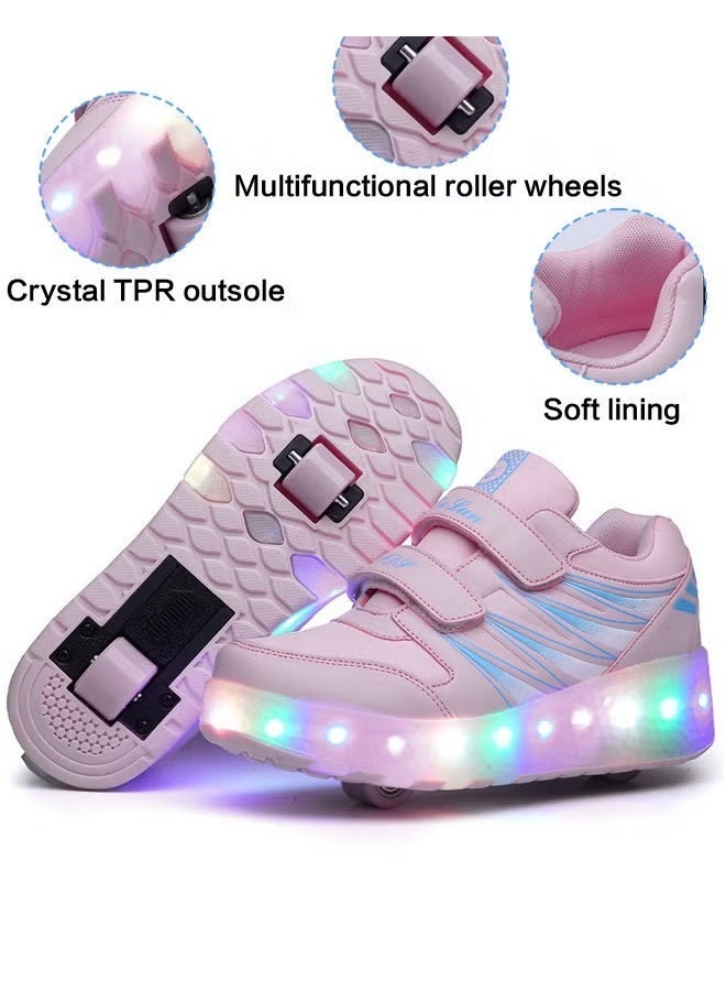 أحذية التزلج على العجلات المزدوجة للأطفال، أحذية رياضية قابلة للتعديل مع إضاءة LED، أحذية تزلج لامعة رائعة، أحذية مريحة متألقة مع عجلات قابلة للفصل، هدية مثالية للأطفال باللون الوردي - Image 5