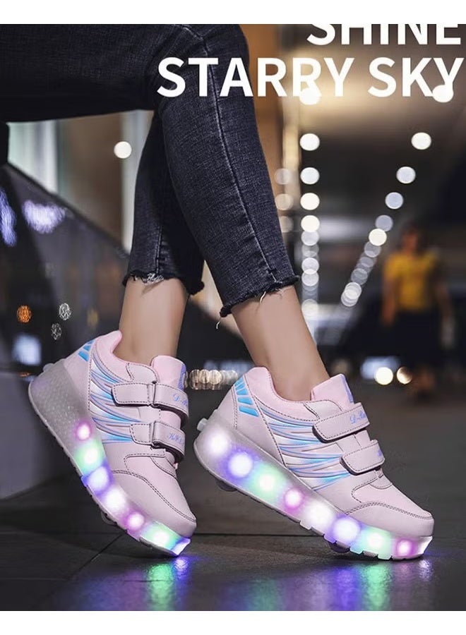 أحذية التزلج على العجلات المزدوجة للأطفال، أحذية رياضية قابلة للتعديل مع إضاءة LED، أحذية تزلج لامعة رائعة، أحذية مريحة متألقة مع عجلات قابلة للفصل، هدية مثالية للأطفال باللون الوردي - Image 3