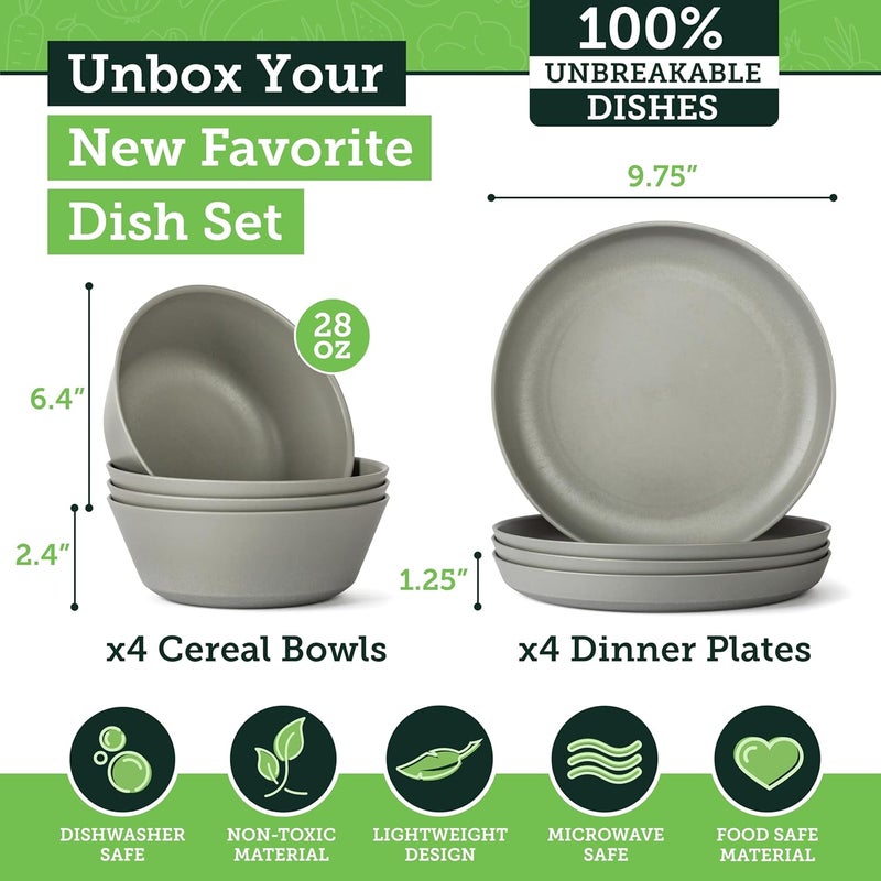 Grow Forward Premium Wheat Straw Plates and Bowls Sets - 8-Piece Wheat Straw Dinnerware Sets - Unbreakable & Reusable Microwave Safe Plastic Dinner Plates for Outdoors, RV, Camping Dishes - Feather - Image 3