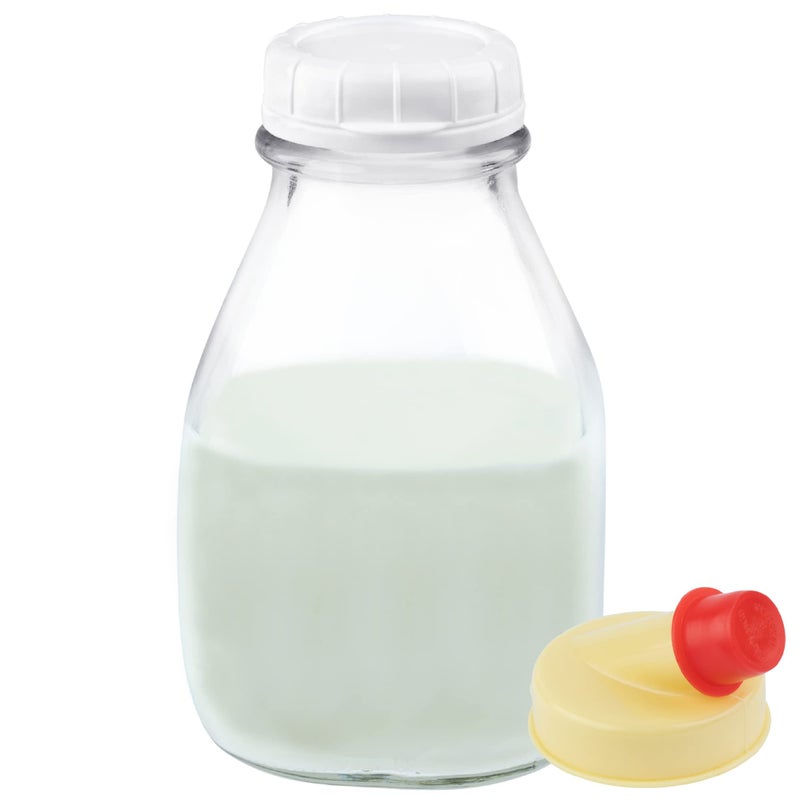 kitchentoolz 16 oz Glass Milk Bottle with Lid and Pour Spout Small Glass Creamer Container for Refrigerator Airtight Pint Milk Bottle for Coffee Tea and Liquid Storage