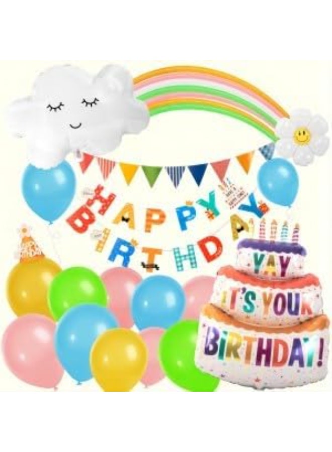Pastel Birthday Party Decoration Kit, Happy Birthday Party Balloon, Birthday banner, Colorful Pennant Banner, Large Foil Cake Balloons for Baby Shower Wedding Party Supplies Arch Garland Decoration - Image 1
