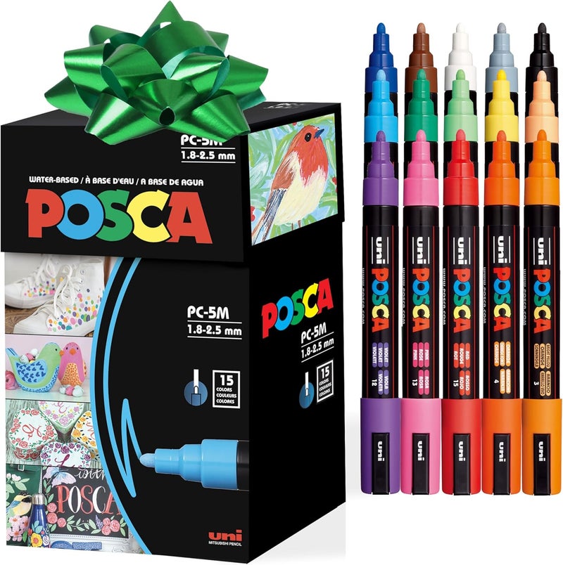 POSCA Uni Paint Marker Pen Set - Medium Point - Assorted Colors - 15 Count (PC-5M15C) - Image 1