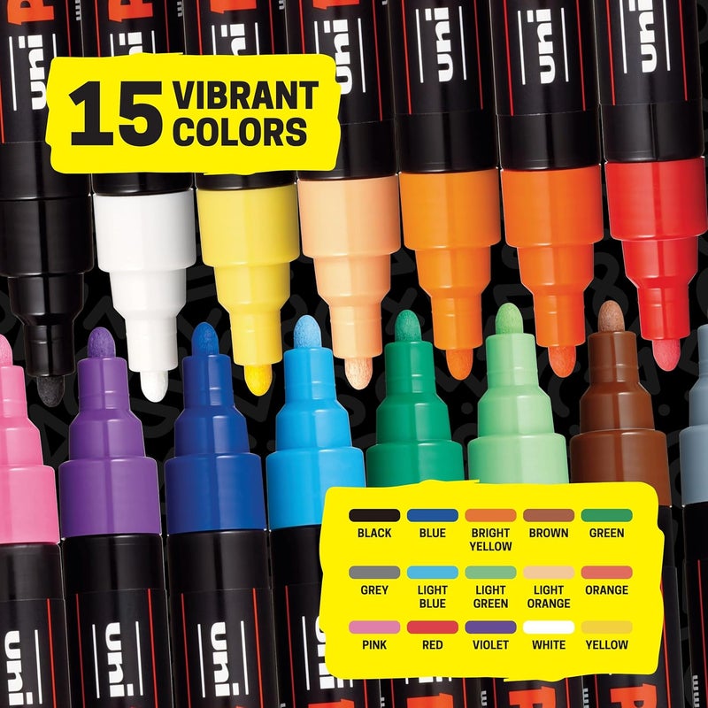 POSCA Uni Paint Marker Pen Set - Medium Point - Assorted Colors - 15 Count (PC-5M15C) - Image 2
