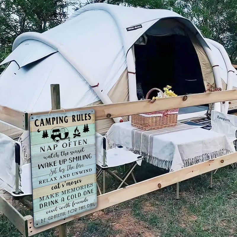 Liukliut Camping Decor For Camper Camping Rules Sign Metal Tin Signs Lake Camper Door Decorations For Inside Funny Camping Themed Decor Rv Wall Art Decor Cabin Sign 12 X 8 Inch - Image 4