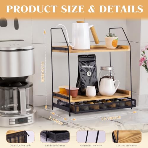 Krbnk Coffee Station Organizer with Pod Holder and Drawer 2Tier Wooden Shelf Coffee Bar Organizer for Countertop KCup Nespresso Pod Storage Tea Bar Accessories for Kitchen Office - Image 3