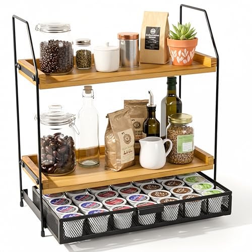 Krbnk Coffee Station Organizer with Pod Holder and Drawer 2Tier Wooden Shelf Coffee Bar Organizer for Countertop KCup Nespresso Pod Storage Tea Bar Accessories for Kitchen Office - Image 1