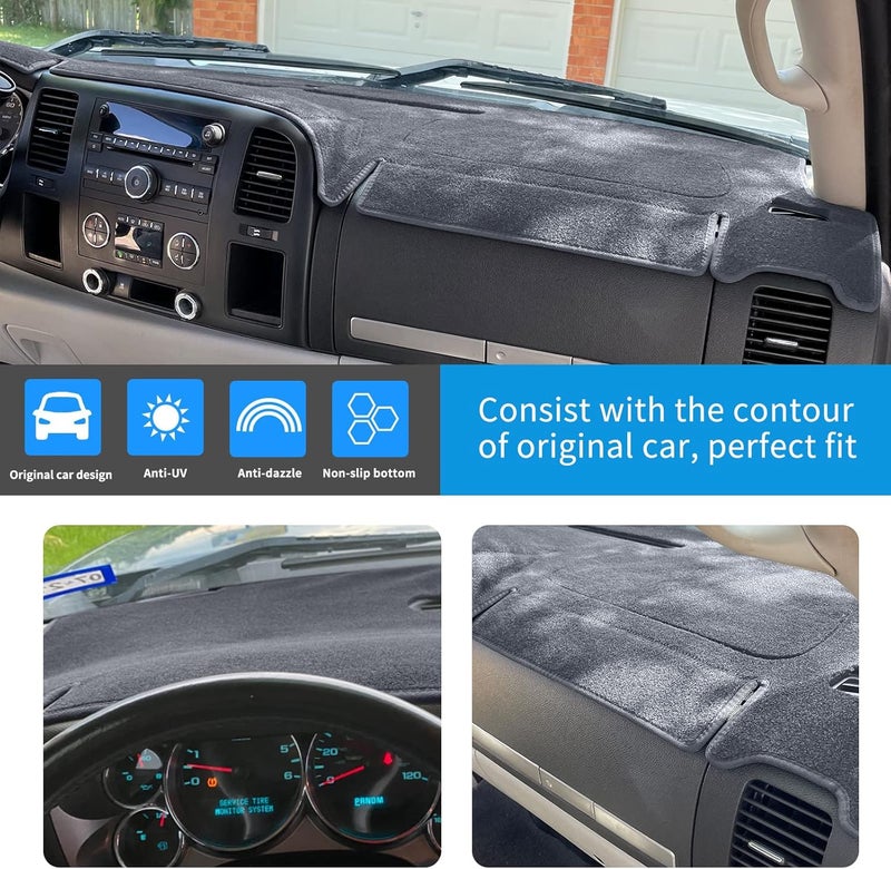 HanLanKa هانلانكا غطاء لوحة القيادة لـ GMC Sierra و Chevrolet Silverado - يناسب موديلات 2007-2013 مع صندوقين للقفازات. حصيرة لوحة القيادة مصممة خصيصًا، لن تكسر حساسات لوحة القيادة (سجاد فاخر، رمادي) - Image 3