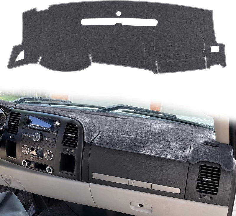 HanLanKa هانلانكا غطاء لوحة القيادة لـ GMC Sierra و Chevrolet Silverado - يناسب موديلات 2007-2013 مع صندوقين للقفازات. حصيرة لوحة القيادة مصممة خصيصًا، لن تكسر حساسات لوحة القيادة (سجاد فاخر، رمادي) - Image 1