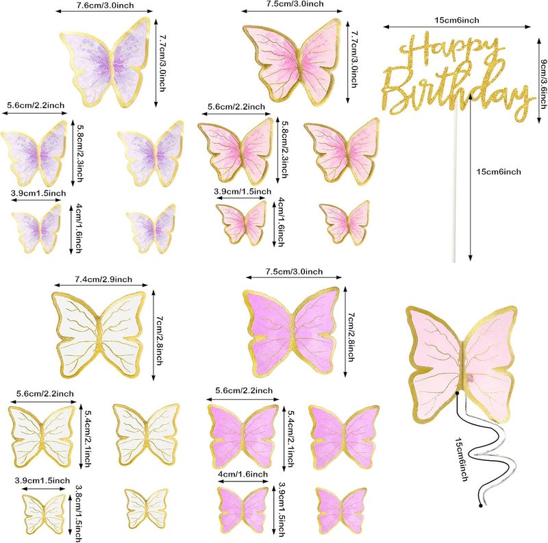 klarako 60 Pieces Butterfly Cake Toppers and 1 Piece Happy Birthday Cake Topper Butterfly Cupcake Toppers Butterfly Cake Decorations Birthday Party Cake Decorations for Girls Women Wedding Decoration - Image 2