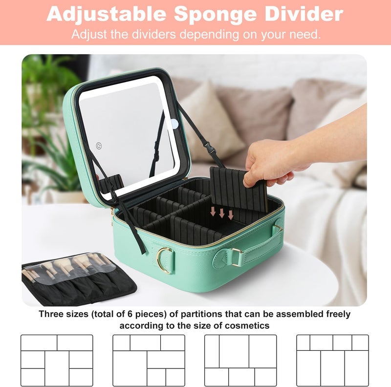 Mocado Travel Makeup Bag with LED Lighted Mirror, Travel Makeup Organizer, Makeup Case with 3 Color Lighted Setting and 10x Magnifying Mirror, Portable Storage and Adjustable Dividers (Powdery Green) - Image 3