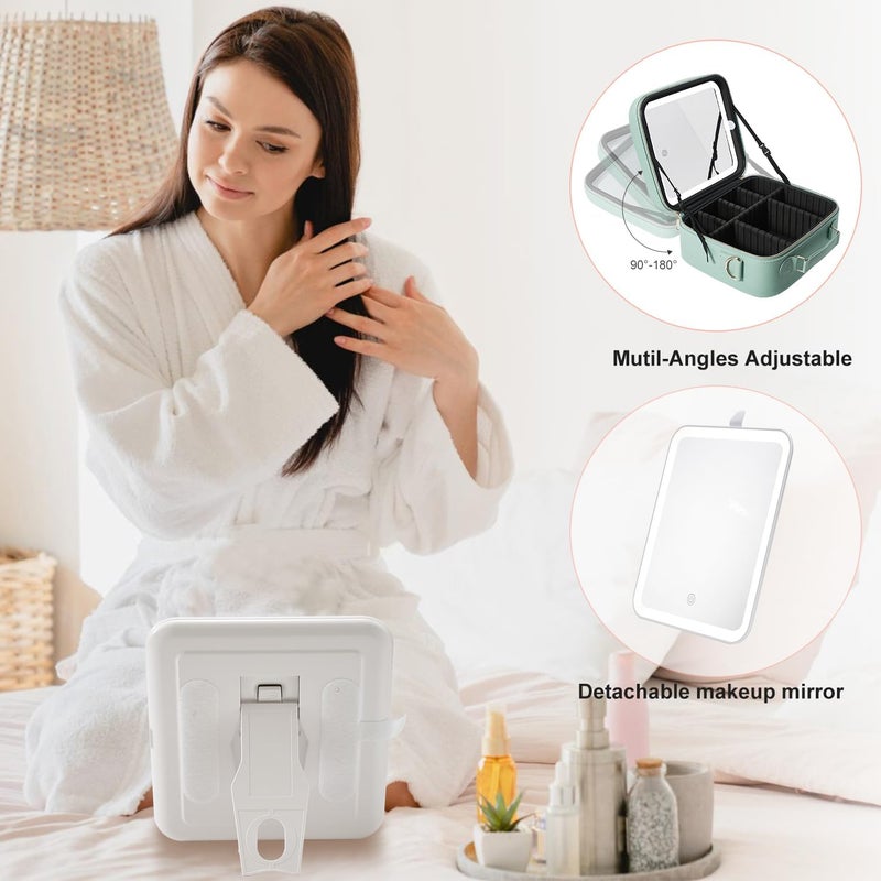 Mocado Travel Makeup Bag with LED Lighted Mirror, Travel Makeup Organizer, Makeup Case with 3 Color Lighted Setting and 10x Magnifying Mirror, Portable Storage and Adjustable Dividers (Powdery Green) - Image 5