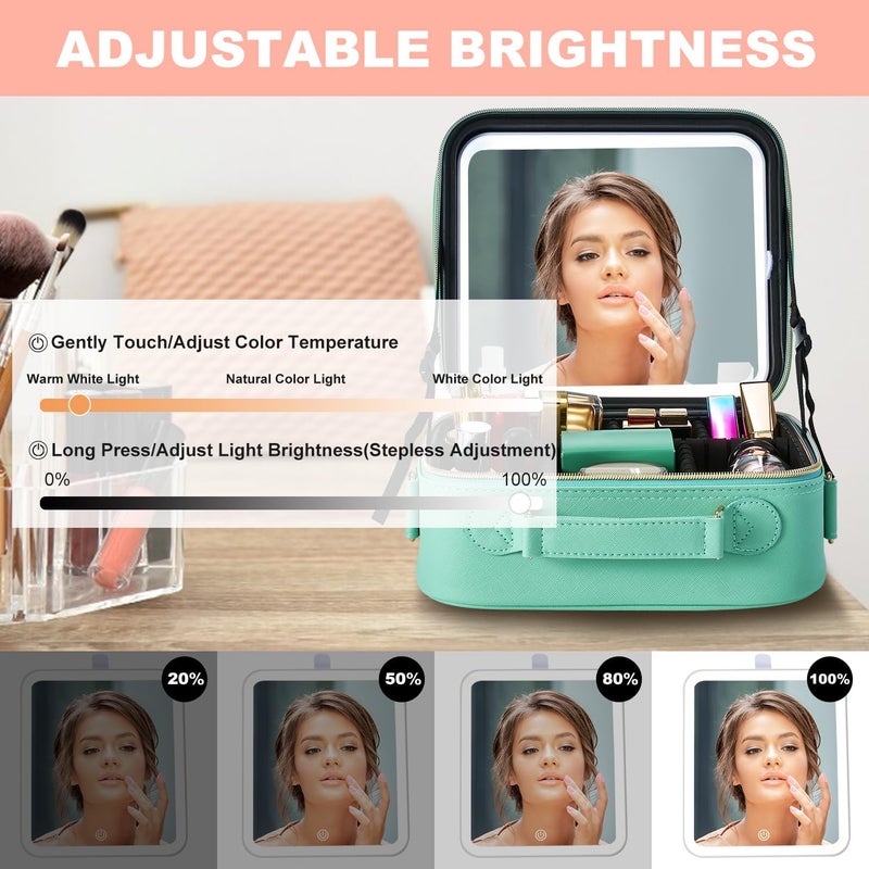 Mocado Travel Makeup Bag with LED Lighted Mirror, Travel Makeup Organizer, Makeup Case with 3 Color Lighted Setting and 10x Magnifying Mirror, Portable Storage and Adjustable Dividers (Powdery Green) - Image 4