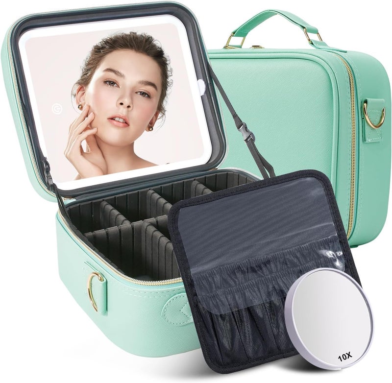 Mocado Travel Makeup Bag with LED Lighted Mirror, Travel Makeup Organizer, Makeup Case with 3 Color Lighted Setting and 10x Magnifying Mirror, Portable Storage and Adjustable Dividers (Powdery Green) - Image 1