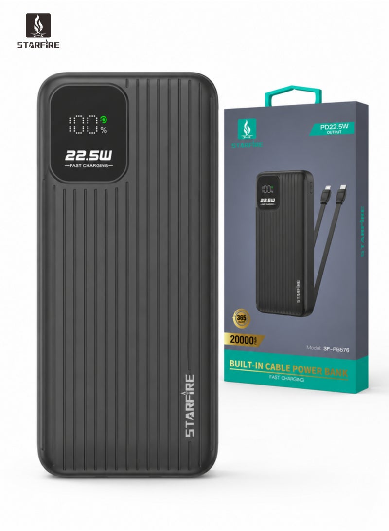 Starfire 20000mAh Power Bank, 22.5W Fast Charging, Built-In Lightning & Type-C Cables, LED Digital Display, Dual USB-A + USB-C Ports, Portable Charger for iPhone, Samsung & Android (Black) - Image 1