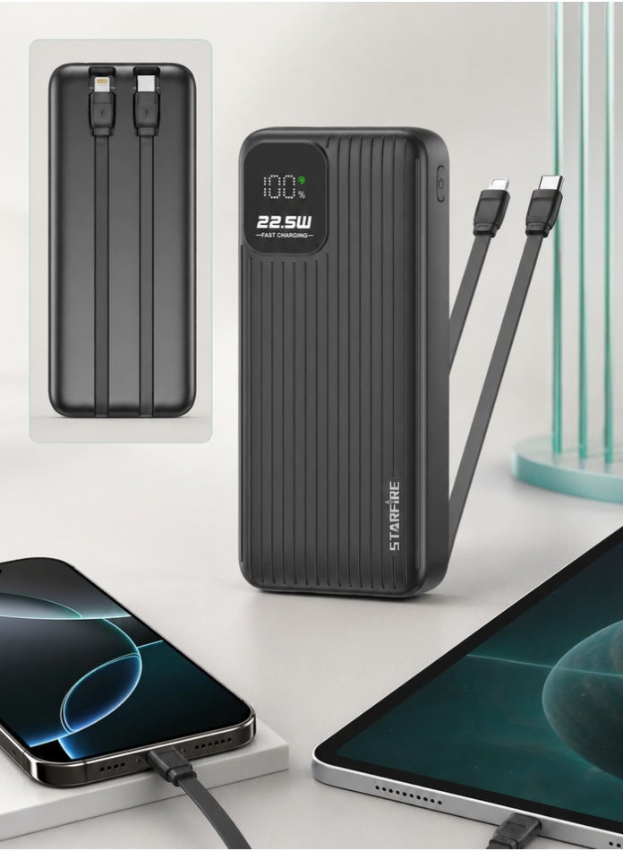 Starfire 20000mAh Power Bank, 22.5W Fast Charging, Built-In Lightning & Type-C Cables, LED Digital Display, Dual USB-A + USB-C Ports, Portable Charger for iPhone, Samsung & Android (Black) - Image 2